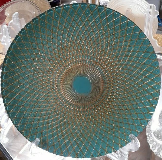 Round Glass Teal and Gold Kaleidoscope Charger Plate 13 -8/PK