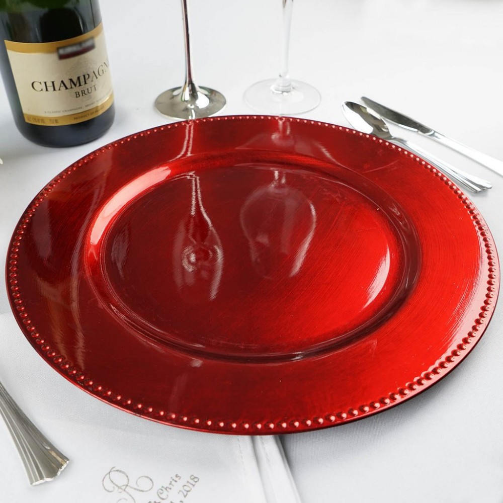 Ya Ya Creations Red Beaded Acrylic Round Charger Plate 13"