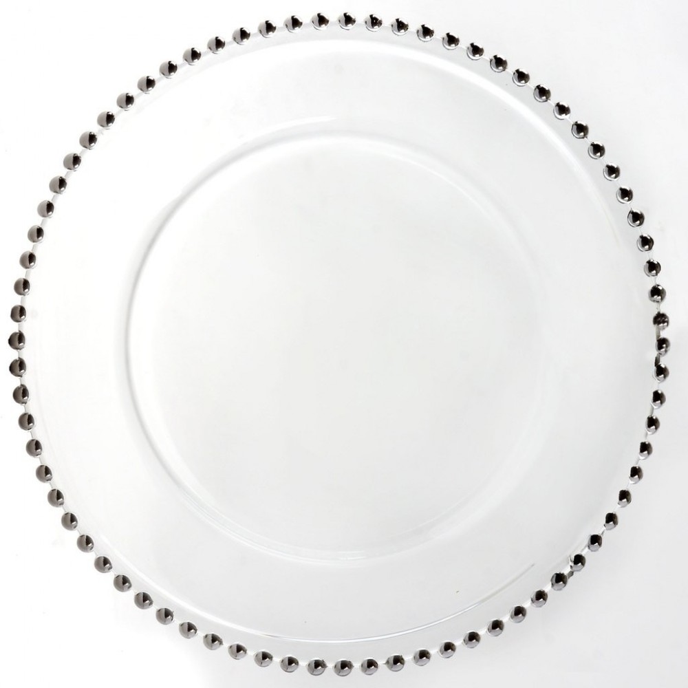Silver Bead Rim Glass Charger Plate 13"-8/PK